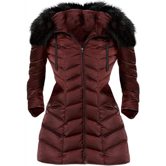 NEW T TAHARI gwen faux fur hood down puffer jacket long coat in merlot - Picture 2 of 2